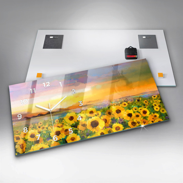 Glass wall clock rectangular Sunflower Field