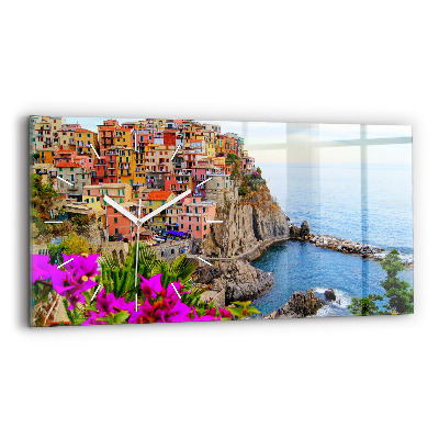 Glass wall clock rectangular Cinque Terre Coast