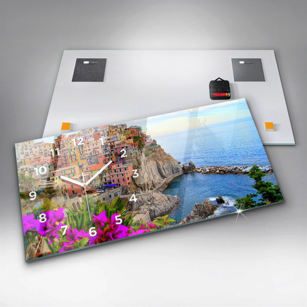 Glass wall clock rectangular Cinque Terre Coast