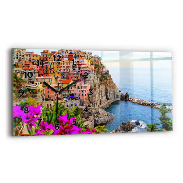 Glass wall clock rectangular Cinque Terre Coast