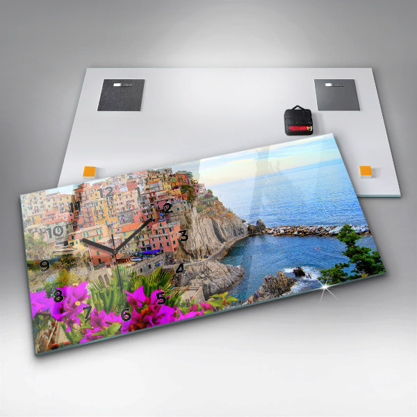 Glass wall clock rectangular Cinque Terre Coast