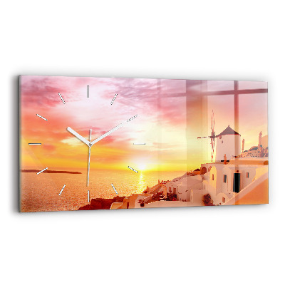 Glass wall clock rectangular Old windmill in Santorini