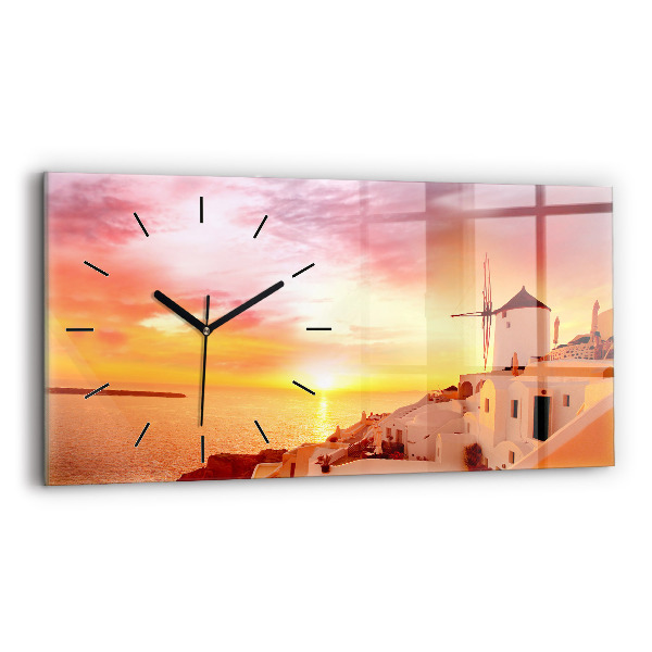Glass wall clock rectangular Old windmill in Santorini