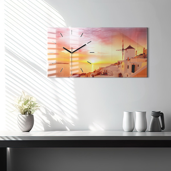 Glass wall clock rectangular Old windmill in Santorini