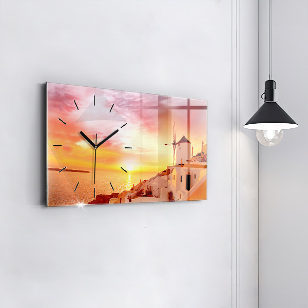 Glass wall clock rectangular Old windmill in Santorini