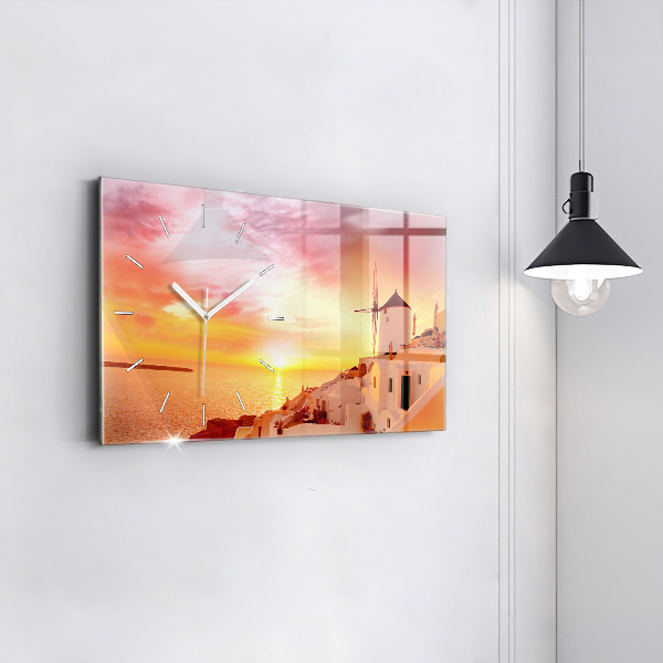 Glass wall clock rectangular Old windmill in Santorini
