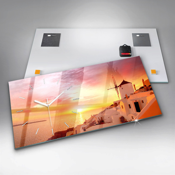 Glass wall clock rectangular Old windmill in Santorini