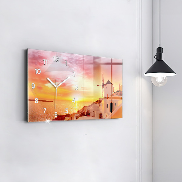 Glass wall clock rectangular Old windmill in Santorini