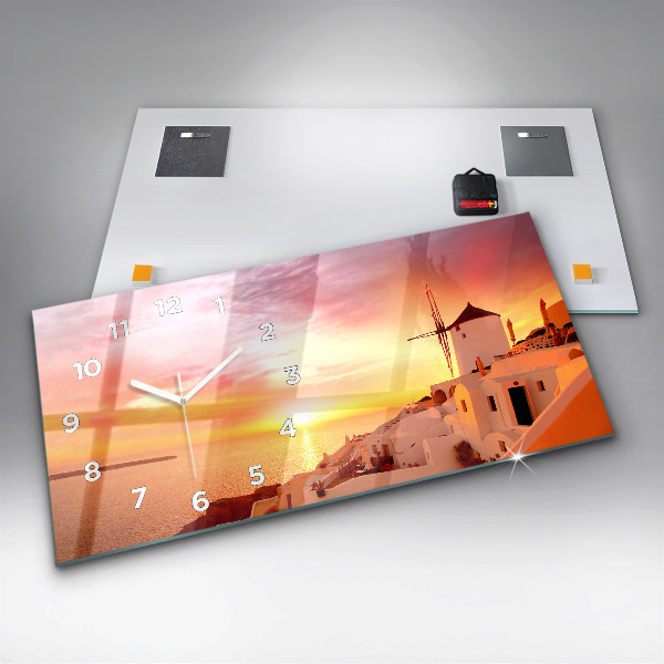Glass wall clock rectangular Old windmill in Santorini