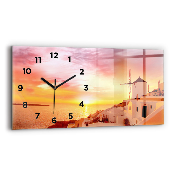 Glass wall clock rectangular Old windmill in Santorini