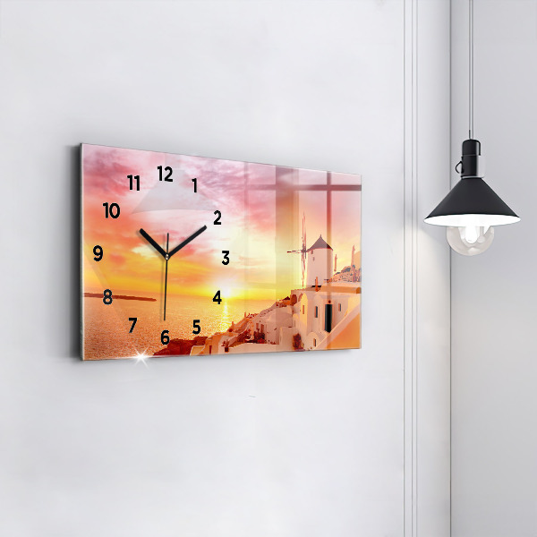 Glass wall clock rectangular Old windmill in Santorini