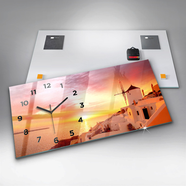 Glass wall clock rectangular Old windmill in Santorini