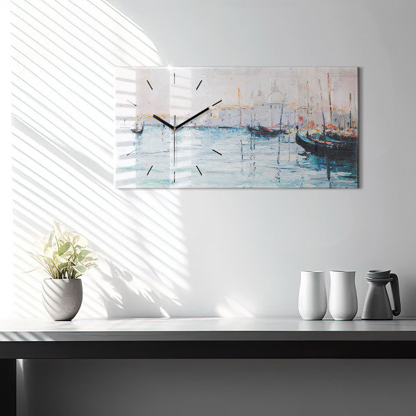 Glass wall clock rectangular Oil painting yacht sea