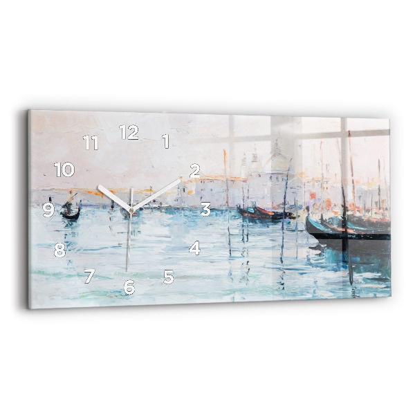 Glass wall clock rectangular Oil painting yacht sea