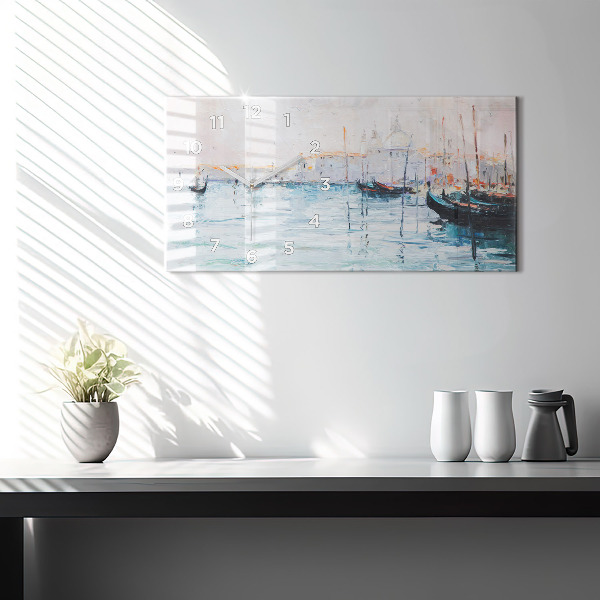 Glass wall clock rectangular Oil painting yacht sea