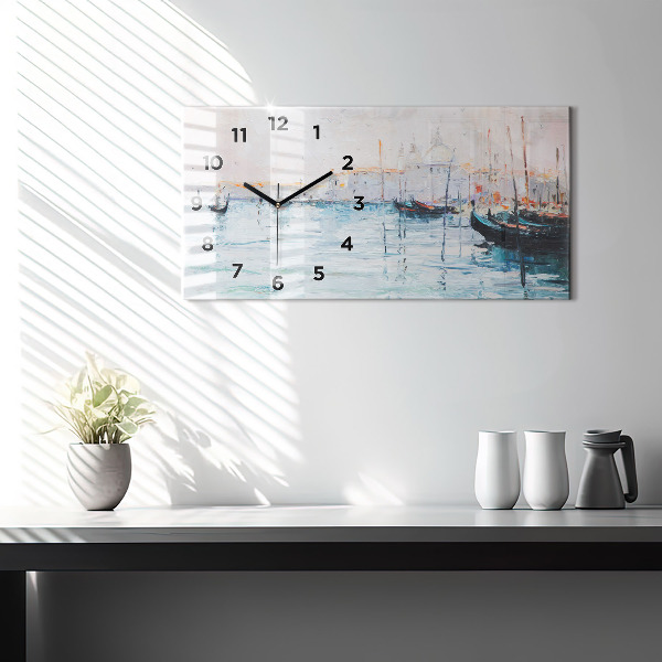 Glass wall clock rectangular Oil painting yacht sea