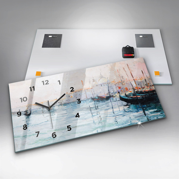 Glass wall clock rectangular Oil painting yacht sea