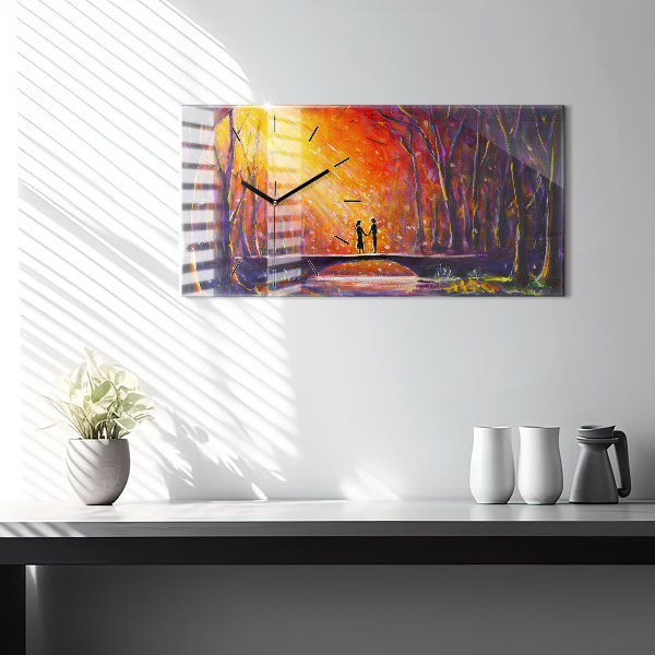 Glass wall clock rectangular Couple in the forest