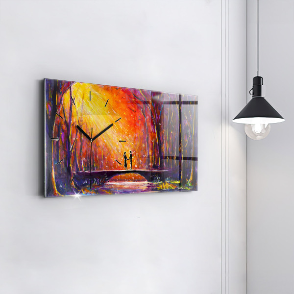 Glass wall clock rectangular Couple in the forest