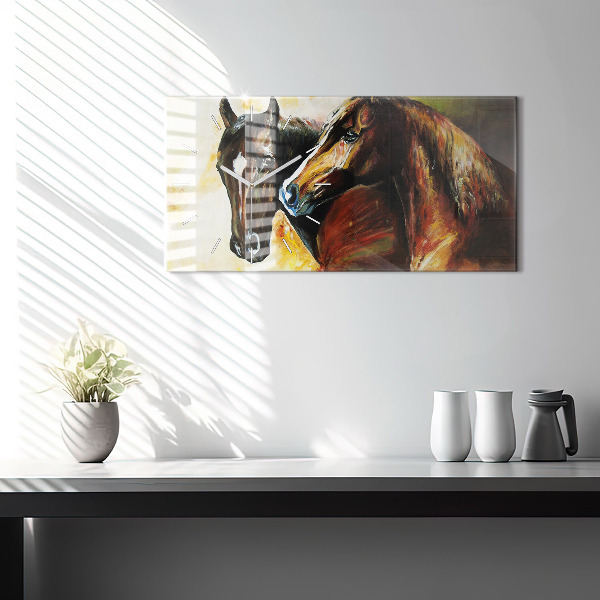 Glass wall clock rectangular Two painted horses
