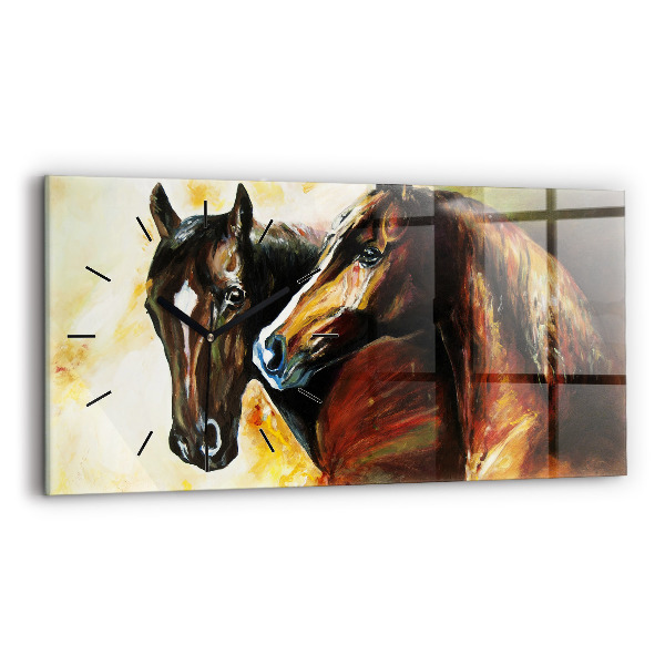 Glass wall clock rectangular Two painted horses