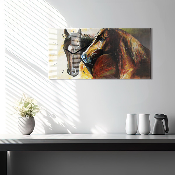 Glass wall clock rectangular Two painted horses