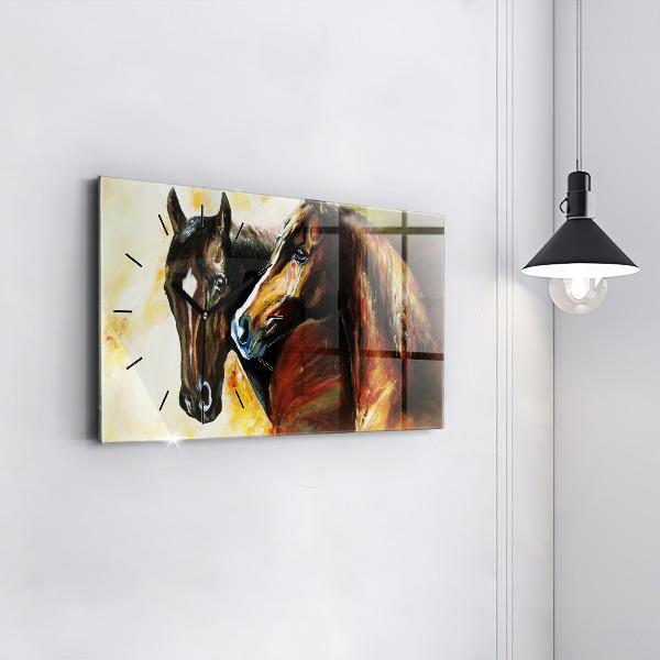 Glass wall clock rectangular Two painted horses