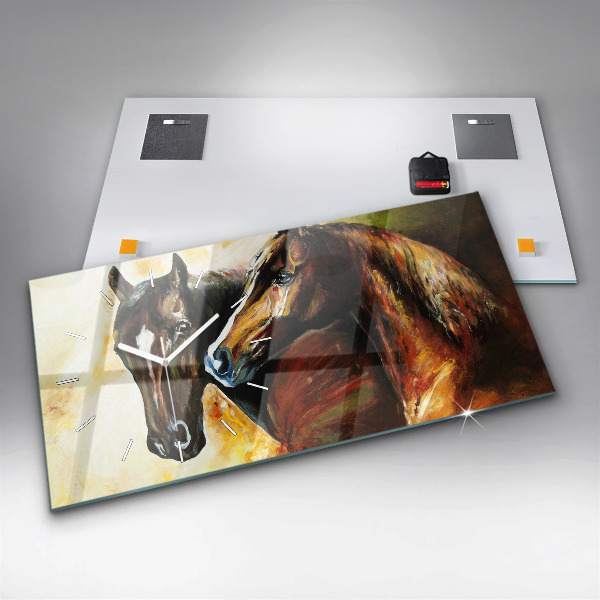 Glass wall clock rectangular Two painted horses