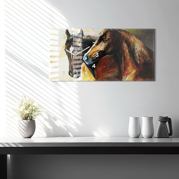Glass wall clock rectangular Two painted horses