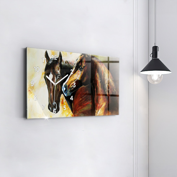 Glass wall clock rectangular Two painted horses