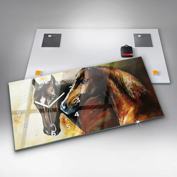 Glass wall clock rectangular Two painted horses
