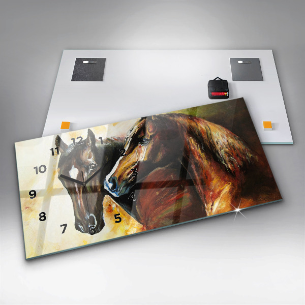 Glass wall clock rectangular Two painted horses