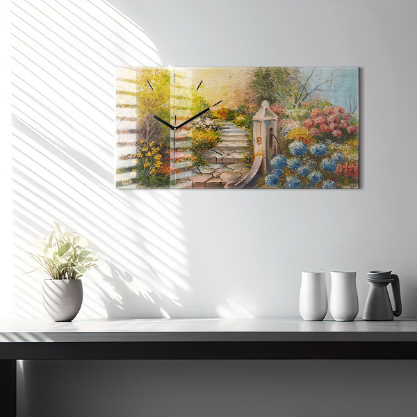 Glass wall clock rectangular Oil composition in the forest