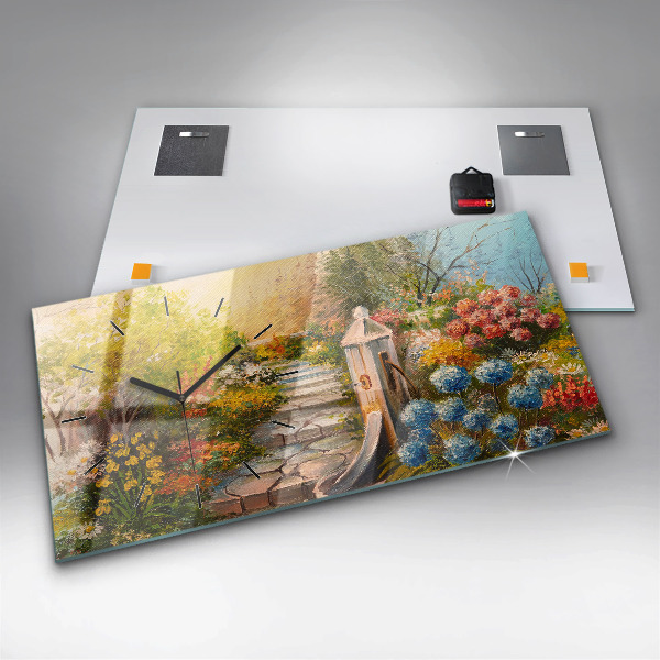 Glass wall clock rectangular Oil composition in the forest