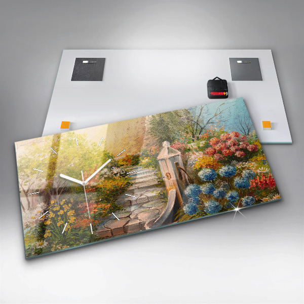 Glass wall clock rectangular Oil composition in the forest