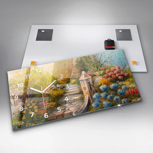 Glass wall clock rectangular Oil composition in the forest