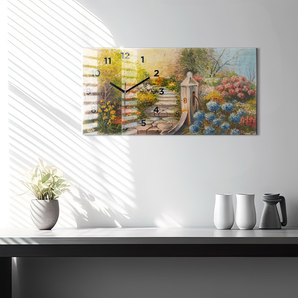 Glass wall clock rectangular Oil composition in the forest