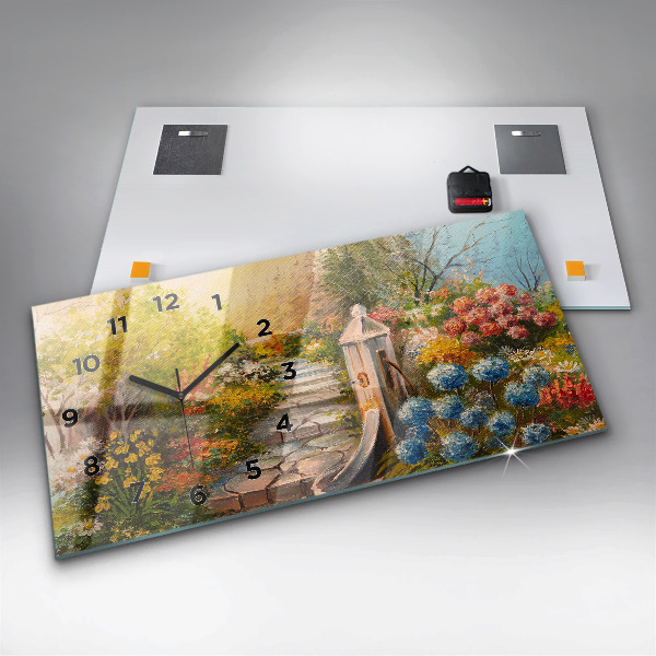 Glass wall clock rectangular Oil composition in the forest