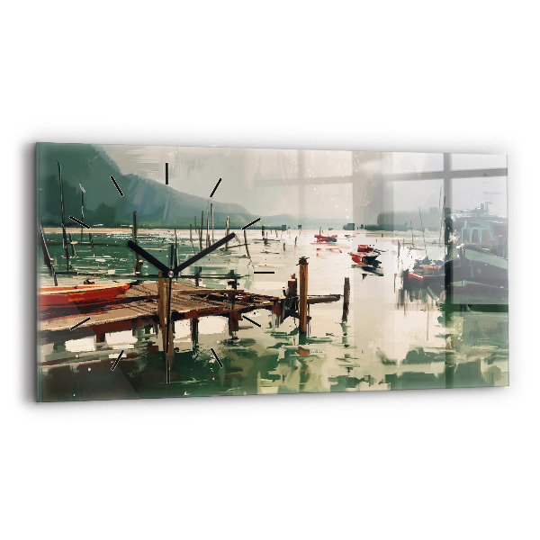 Glass wall clock rectangular Fishing boats in the port