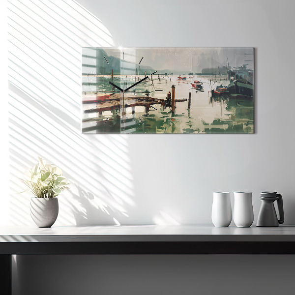 Glass wall clock rectangular Fishing boats in the port