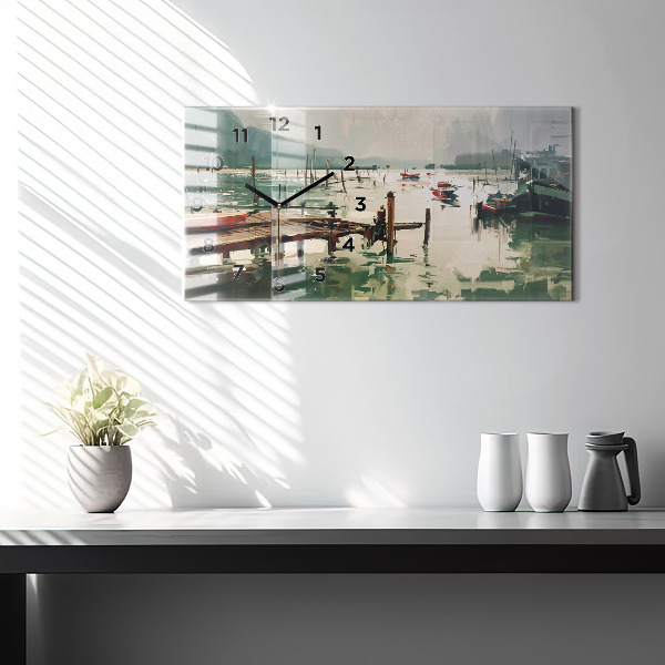 Glass wall clock rectangular Fishing boats in the port