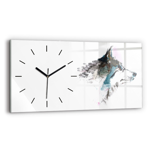 Glass wall clock rectangular Painted Wolf Profile