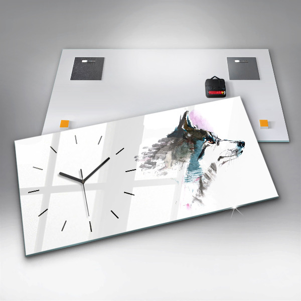 Glass wall clock rectangular Painted Wolf Profile
