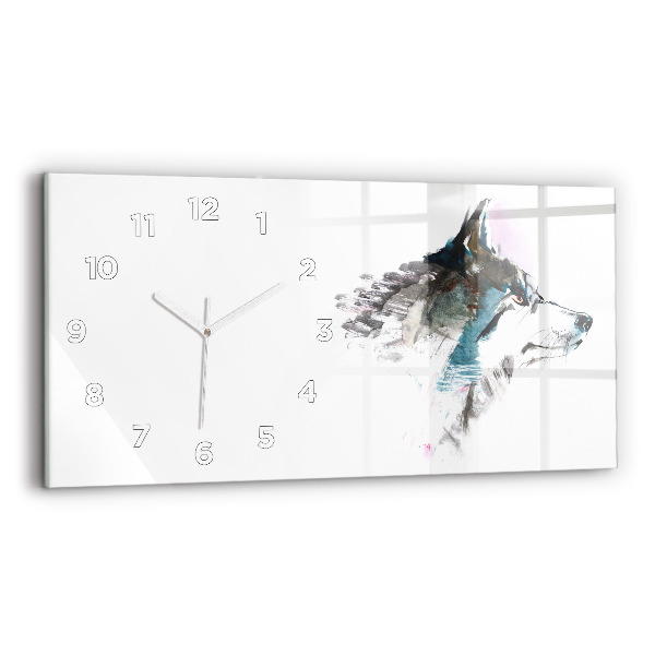 Glass wall clock rectangular Painted Wolf Profile