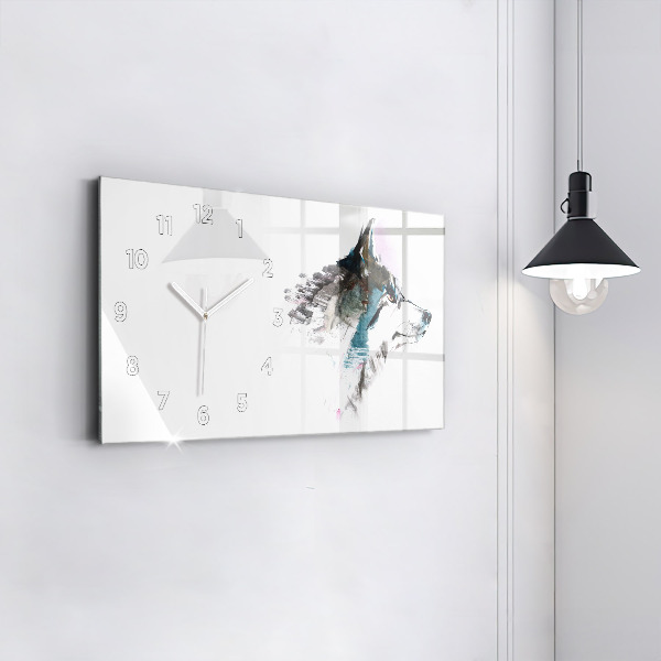 Glass wall clock rectangular Painted Wolf Profile