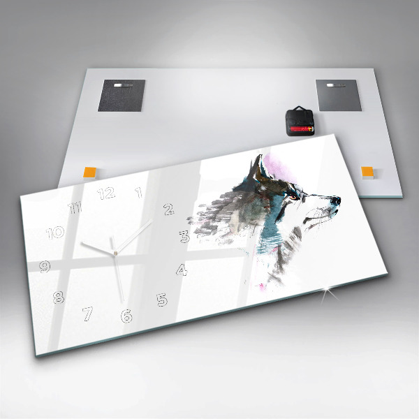 Glass wall clock rectangular Painted Wolf Profile