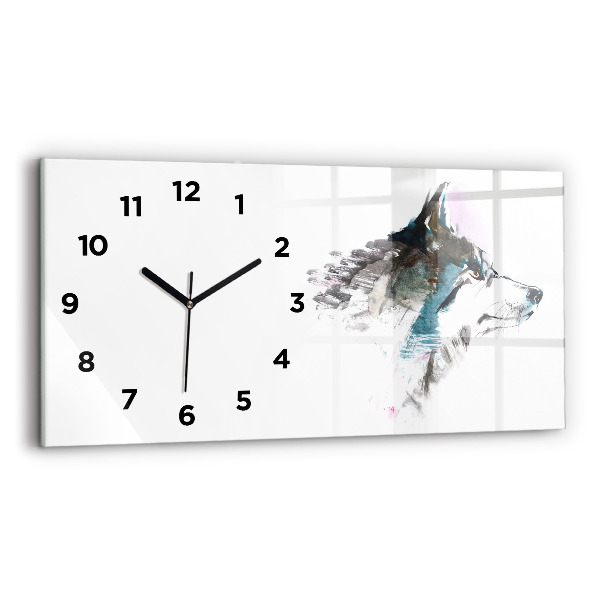 Glass wall clock rectangular Painted Wolf Profile