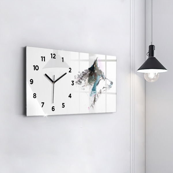 Glass wall clock rectangular Painted Wolf Profile