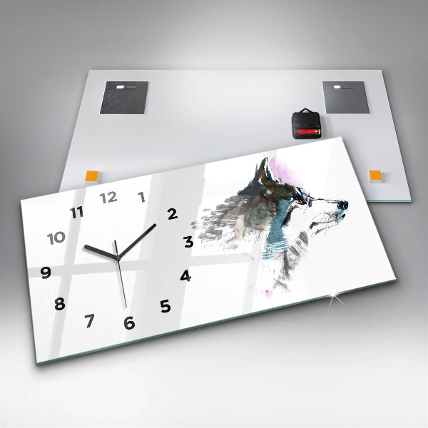 Glass wall clock rectangular Painted Wolf Profile
