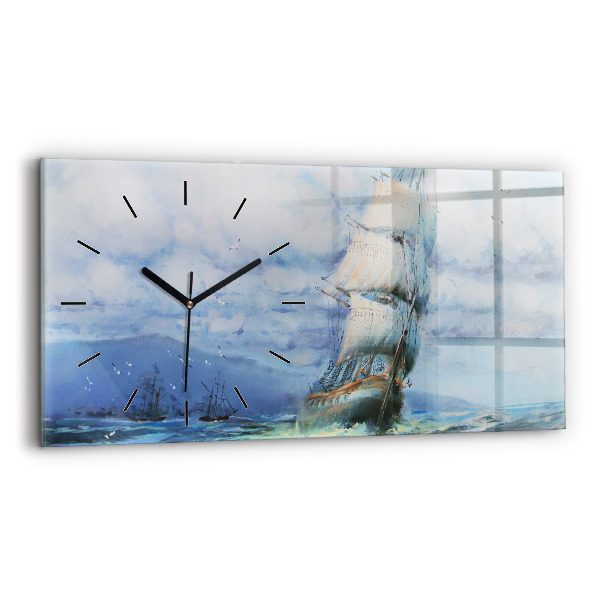 Glass wall clock rectangular A ship on the water